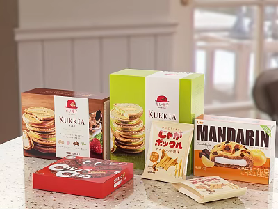 Assorted KUKA and Mandarin Cookies Snacks in Colorful Boxes with Displayed Treats 3d model