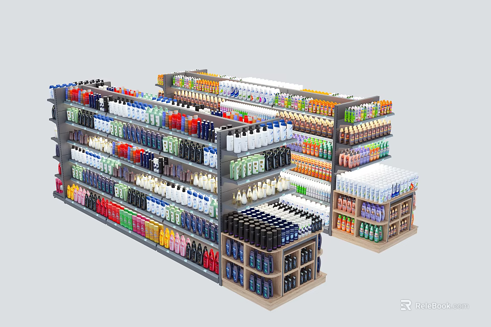 Multi Tiered Retail Display Shelves With Organized Bottled Drinks And Colorful Products 3d model 