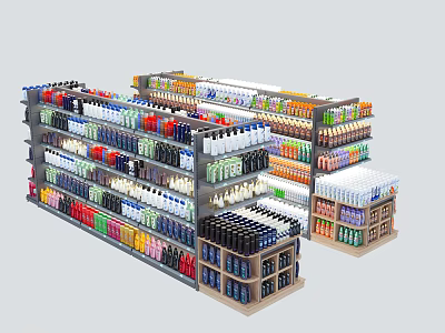Multi Tiered Retail Display Shelves With Organized Bottled Drinks And Colorful Products 3d model