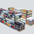 Multi Tiered Retail Display Shelves With Organized Bottled Drinks And Colorful Products