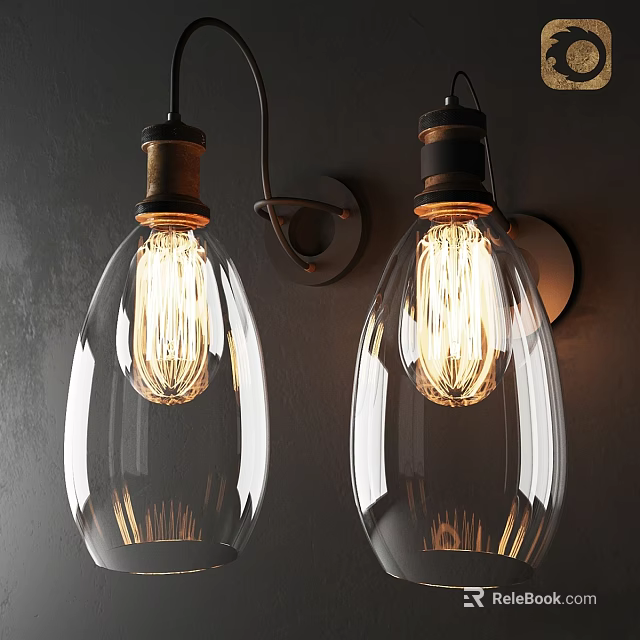 Vintage Wall Sconces With Clear Glass Bulbs And Metal Base On Dark Wall 3d model 