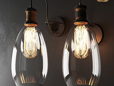Vintage Wall Sconces With Clear Glass Bulbs And Metal Base On Dark Wall 3d model