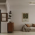 Modern Minimalist Living and Dining Room with Dark TV Stand Brown Bookshelf and Arched Doorway