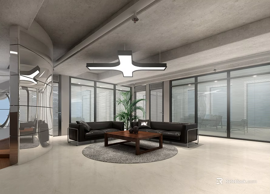 Stylish Modern Lounge Area Interior With Black Sofa Coffee Table Green Plant And Large Windows 3d model 