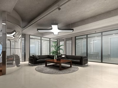 Stylish Modern Lounge Area Interior With Black Sofa Coffee Table Green Plant And Large Windows 3d model