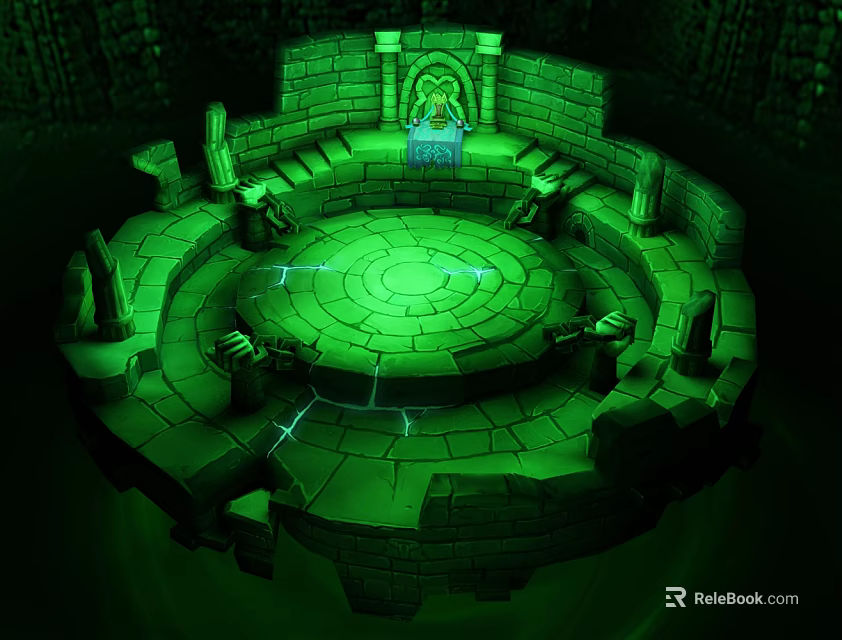 Cartoon Scene Of Round Stone Structure With Green Glow Stone Pillars And Steps 3d model 
