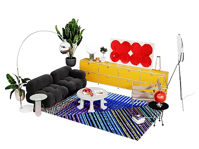 Modern Black Sofa Set with Yellow Cabinet Red Decor Colorful Rug and Green Plant 3d model