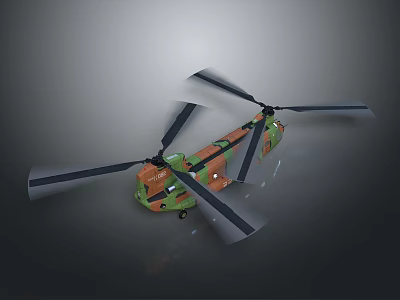Orange And Green Twin Rotor Helicopter With Black Blades And Light Details 3d model