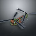 Orange And Green Twin Rotor Helicopter With Black Blades And Light Details