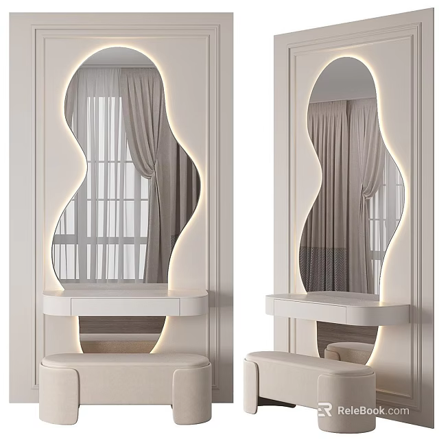 Modern Minimalist Vanity With Curved Mirror LED Lighting And White Stool 3d model 