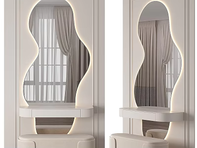Modern Minimalist Vanity With Curved Mirror LED Lighting And White Stool 3d model