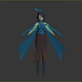 3D Model Female Character With Blue Hair Blue Top Brown Skirt And Feather Decorations