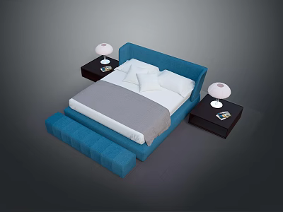 Contemporary Bedroom Interior With Blue Bed Frame White Bedding Gray Blanket Nightstands And White Lamps 3d model
