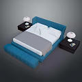 Contemporary Bedroom Interior With Blue Bed Frame White Bedding Gray Blanket Nightstands And White Lamps