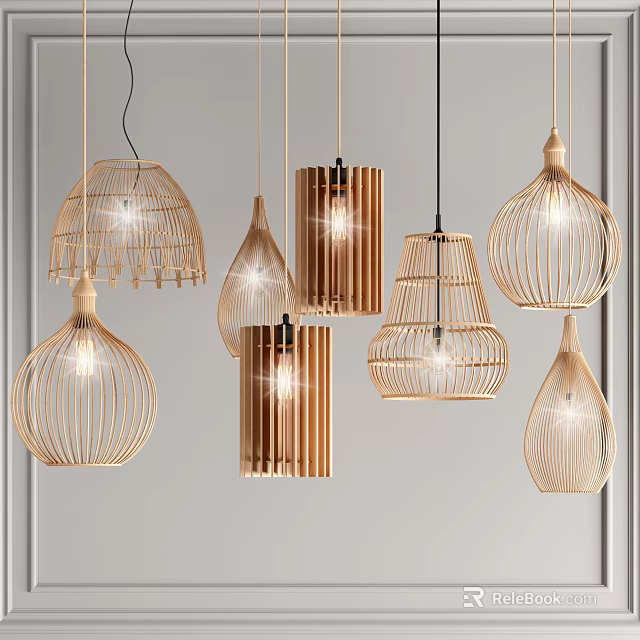 Modern Pendant Lights With Various Natural Woven Designs And Illuminated Shapes 3d model 