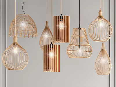 Modern Pendant Lights With Various Natural Woven Designs And Illuminated Shapes 3d model