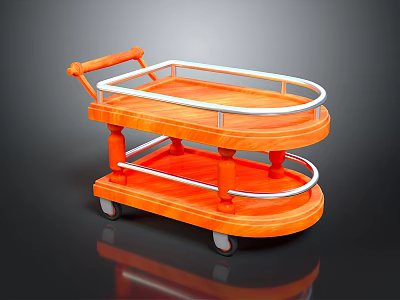 Mobile Wooden Orange Two Tier Serving Cart With Metal Railings And Wheels 3d model