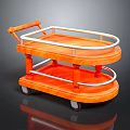 Mobile Wooden Orange Two Tier Serving Cart With Metal Railings And Wheels