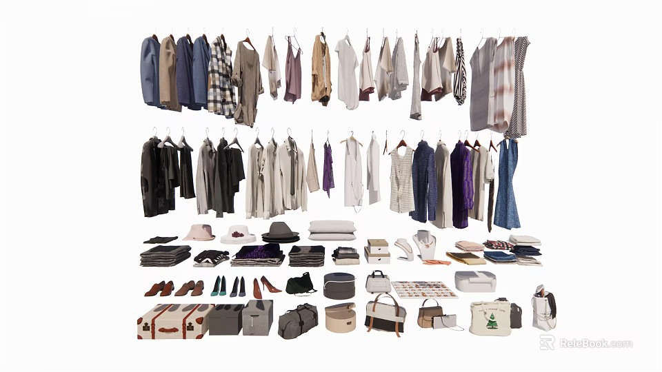 Various Hanging Clothes Collection With Matching Shoes And Bags 3d model 