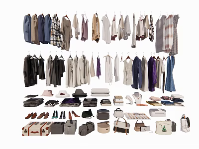 Various Hanging Clothes Collection With Matching Shoes And Bags 3d model
