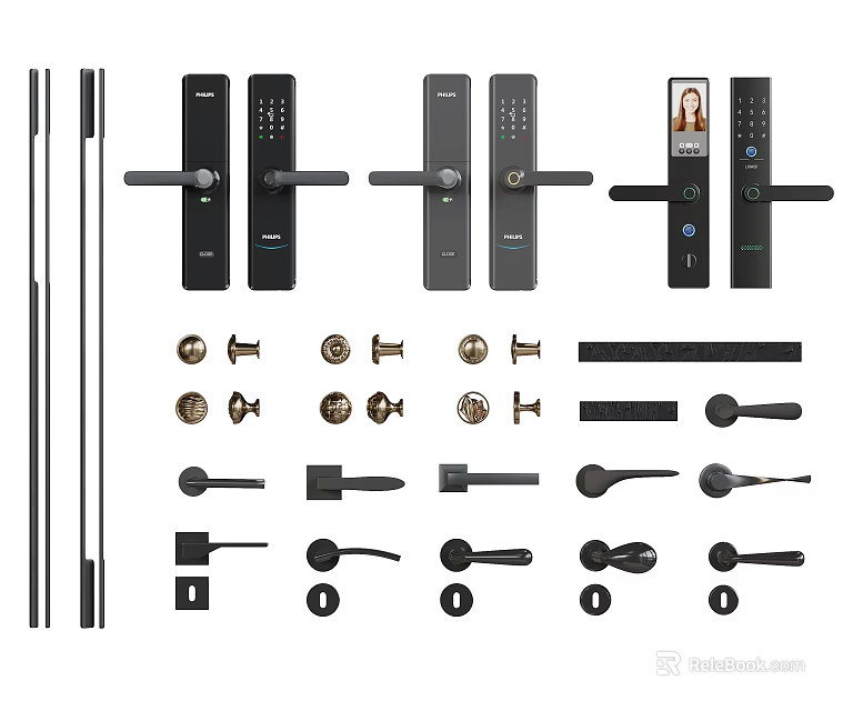 Various Types of Door Handles Including Smart Locks and Hardware Accessories 3d model 