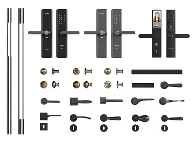 Various Types of Door Handles Including Smart Locks and Hardware Accessories 3d model