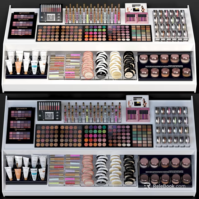 Neatly Organized Cosmetic Display Shelves With Colorful Eyeshadow Palettes Lipsticks And Foundation Bottles 3d model 