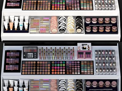 Neatly Organized Cosmetic Display Shelves With Colorful Eyeshadow Palettes Lipsticks And Foundation Bottles 3d model
