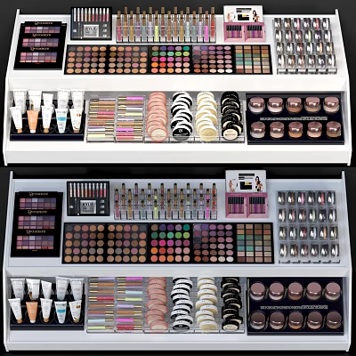 Neatly Organized Cosmetic Display Shelves With Colorful Eyeshadow Palettes Lipsticks And Foundation Bottles 3d model