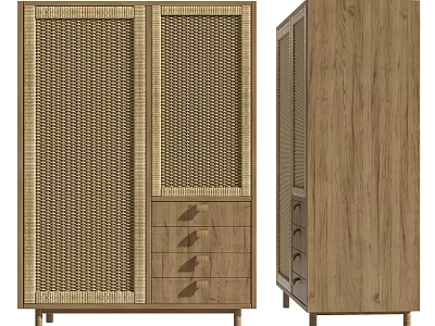 Wooden Storage Cabinet with Rattan Panel Doors and Drawers Natural Modern Design for Home Organization 3d model