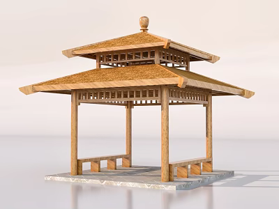 Traditional Wooden Pavilion With Two Tiered Roof Spherical Top And Stone Base 3d model