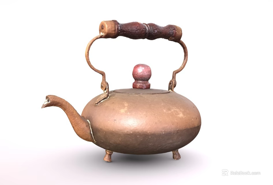 Copper Teapot With Wooden Handle Red Knob Swan Shaped Spout And Three Legs 3d model 