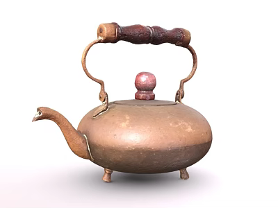 Copper Teapot With Wooden Handle Red Knob Swan Shaped Spout And Three Legs 3d model