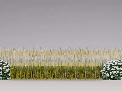 White Flowers And Yellow Wheat Ears With Green Stems Arranged In A Decorative Row 3d model