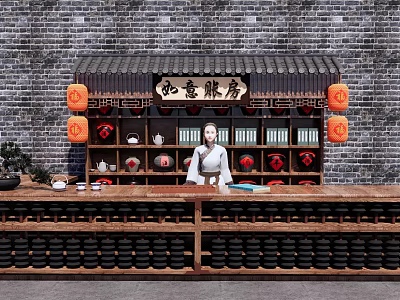 Traditional Shop Front Desk with Chinese Signboard Red Lanterns Tea Sets and Brick Wall Background 3d model