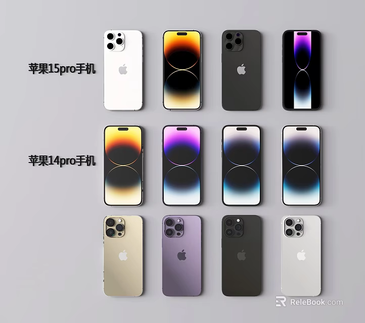 iPhone 15 Pro and 14 Pro Smartphones with Various Color Options and Camera Design 3d model 