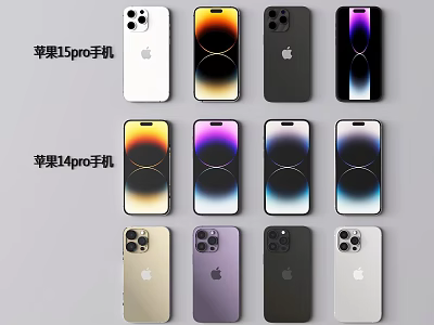 iPhone 15 Pro and 14 Pro Smartphones with Various Color Options and Camera Design 3d model