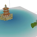 Traditional Multi Tiered Pagoda with Golden Decorations Lotus Shaped Base and Stone Stairs