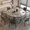 Modern Dining Table Set with Round Table Six Chairs Tableware Flower Vase and Decorative Rug 3d model