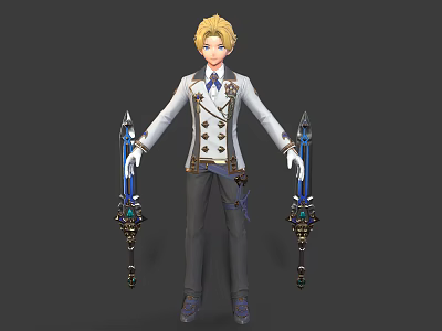 Anime Style Character With Blonde Hair White Coat And Dual Blue Swords 3d model