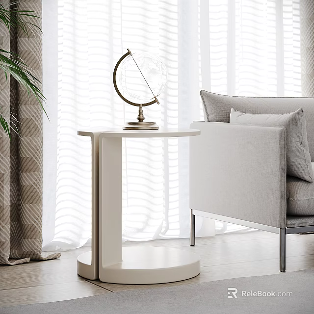Minimalist White Side Table With Globe Ornament Next To Beige Sofa In Bright Room 3d model 