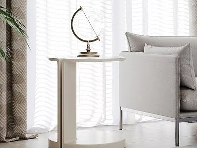 Minimalist White Side Table With Globe Ornament Next To Beige Sofa In Bright Room 3d model