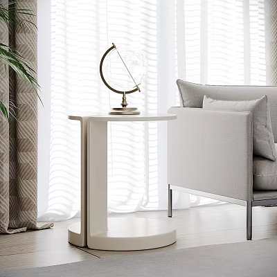 Minimalist White Side Table With Globe Ornament Next To Beige Sofa In Bright Room 3d model