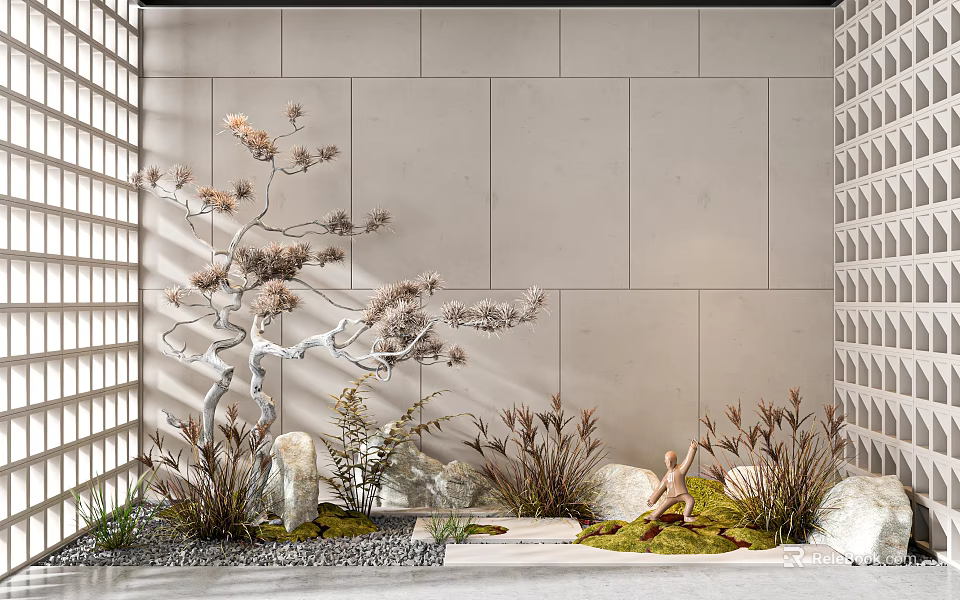 Modern Garden Ornament With Dry Branches Grasses Moss Stones And Grille Wall 3d model 