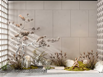 Modern Garden Ornament With Dry Branches Grasses Moss Stones And Grille Wall 3d model