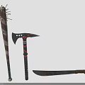 Wolf Themed Weapons Collection Including Club Axe And Knife With Decorative Designs