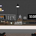 Modern Office Desk Setup With Dual Monitors Desk Lamp Digital Clock And Ergonomic Chair