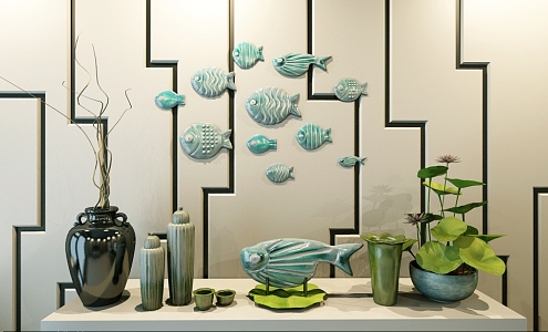 New Chinese-style Small Fish Wall Decoration Combination 3d model