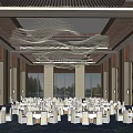 Luxurious Banquet Hall Interior With Elegant Chandeliers Wooden Walls Large Windows And Tables