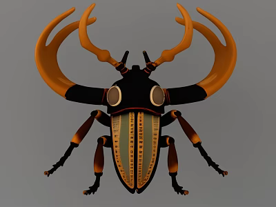 Flying Beetle With Orange Large Horns Black Body And Yellow Stripes 3d model